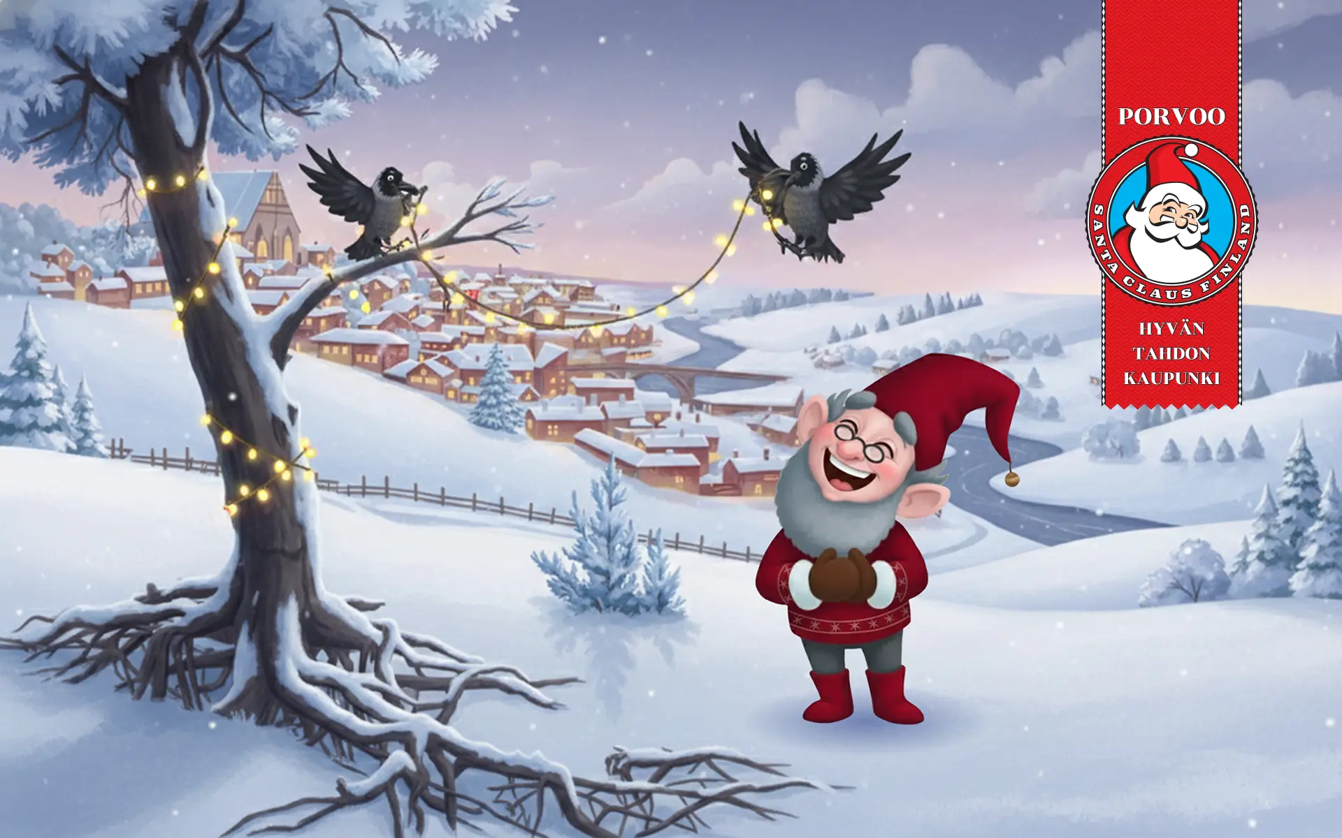 Tonttu seisoo lumisessa maisemassa Porvoon linnamäellä, naakat laittavat puuhun jouluvaloja
